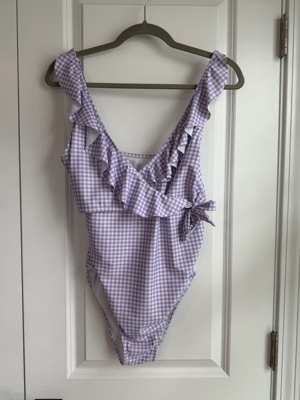 Kindred Bravely Laveder Gingham One Piece Ruffle Swimsuit Size Small